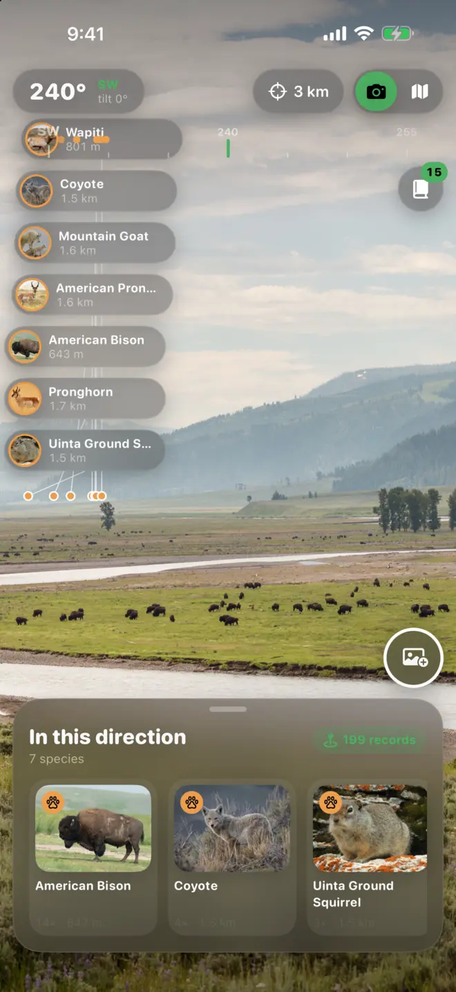 Camera view facing south-west with wildlife labels and a compass tape