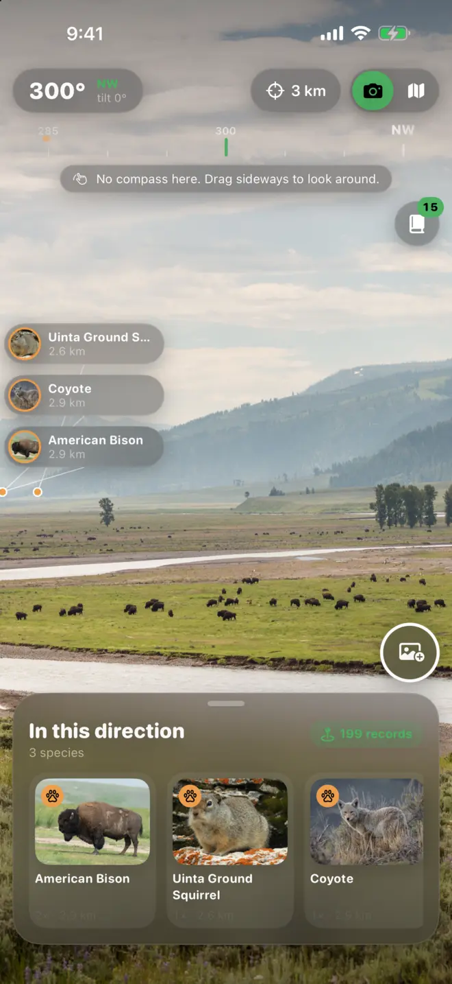 Camera view facing north-west with labels for Uinta ground squirrel, coyote and American bison