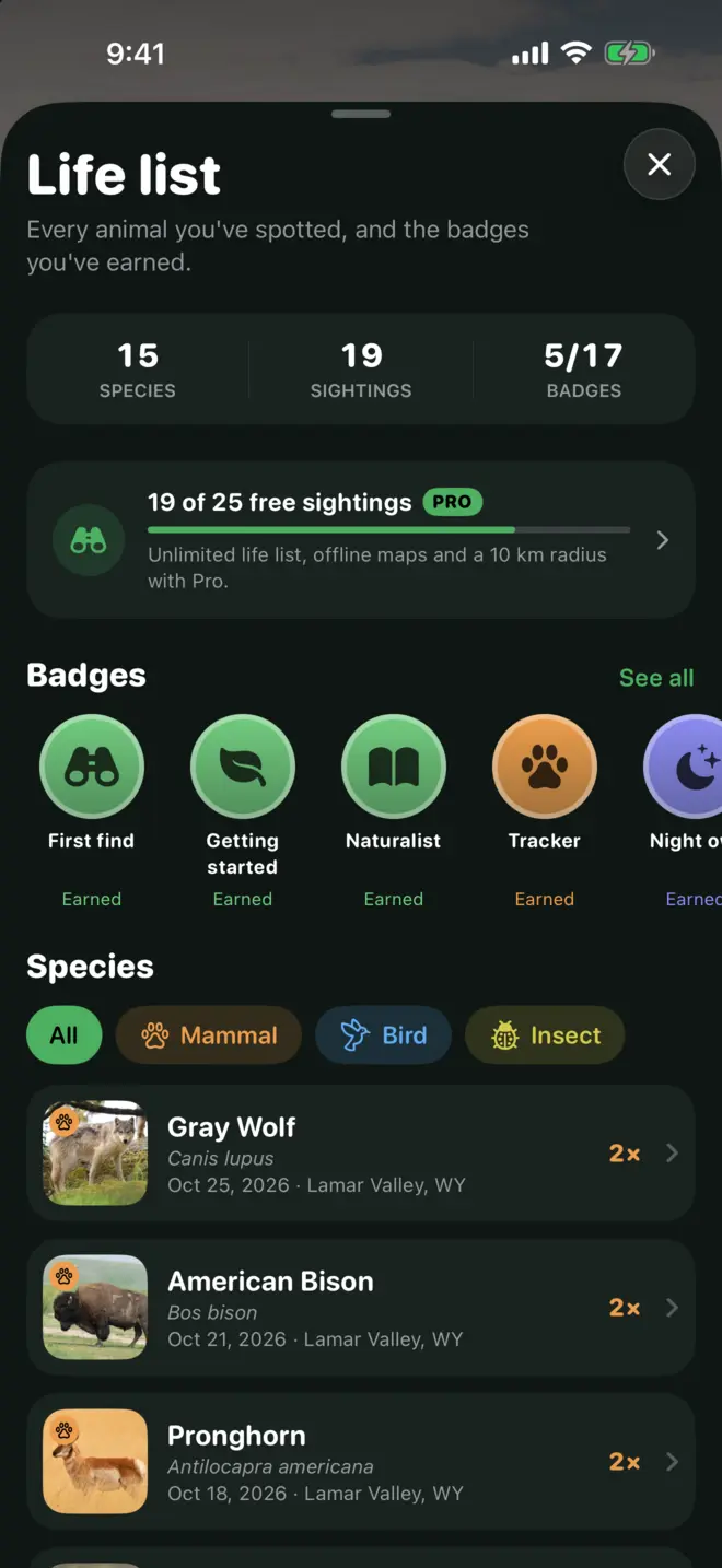 Life list with species count, sightings and earned badges