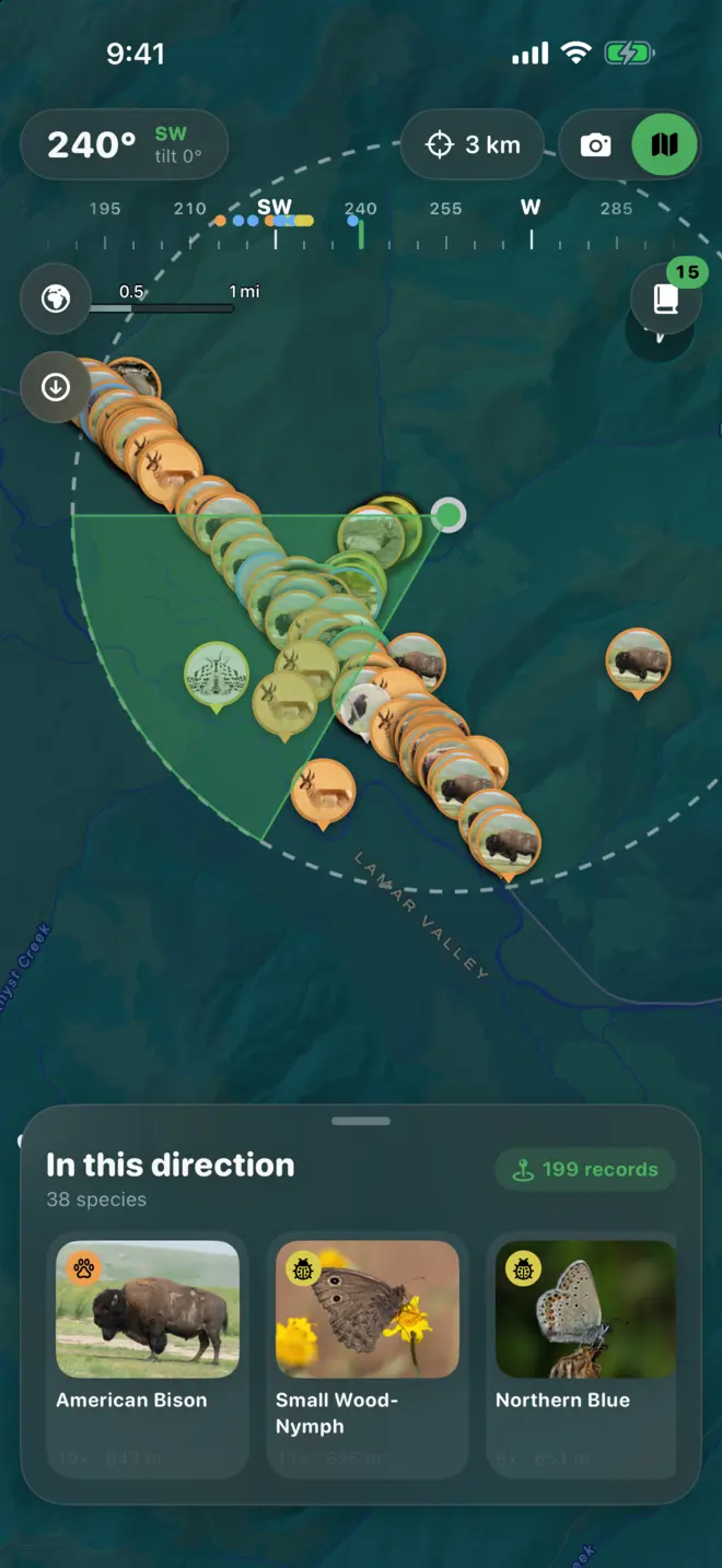 Map view showing a cone of sightings in the direction the phone faces
